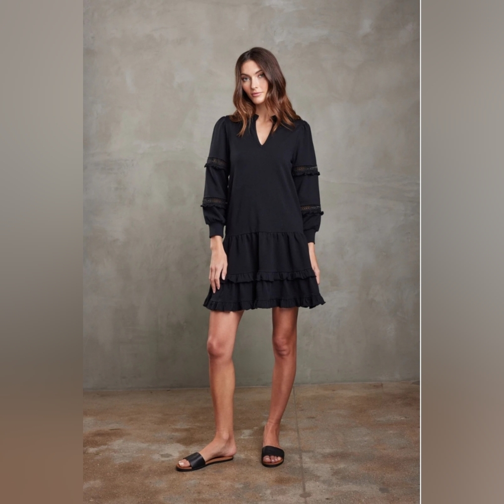 Anthropologie Sundays Zander Black Ruffled Ladies Long Sleeve Mini Dress
